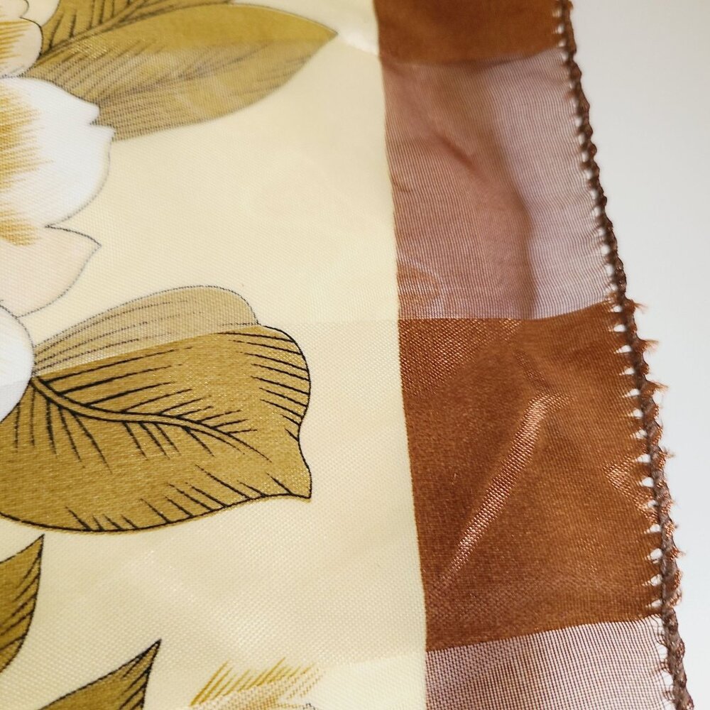 Vtg Floral Peony Satin Scarf Brown Border Lrg Square Lightweight Sheer Material - Picture 4 of 12